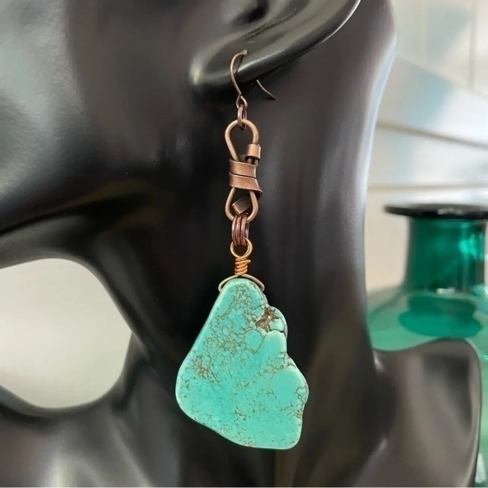 2/$49 Handmade Blue Imperial Jasper Mixed Copper Statement Earrings 4” Gift West